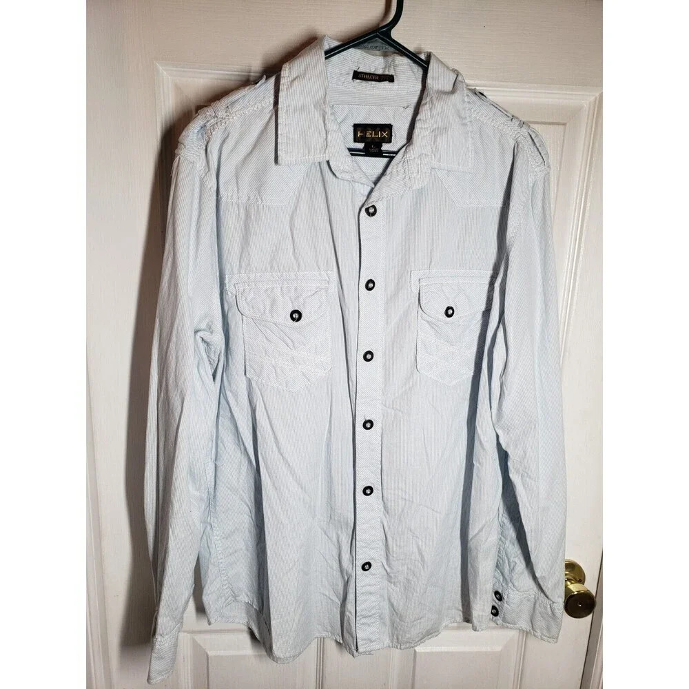 Helix Athletic Fit Men Button Down Long Sleeve White Blue Strip Shirt Size L